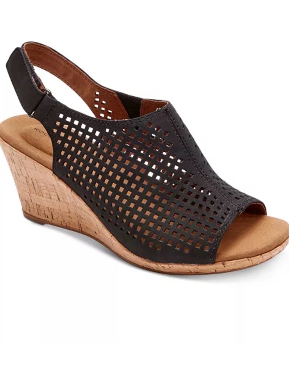Rockport Black Briah Perforated Slingback Cork Wedge Sandal